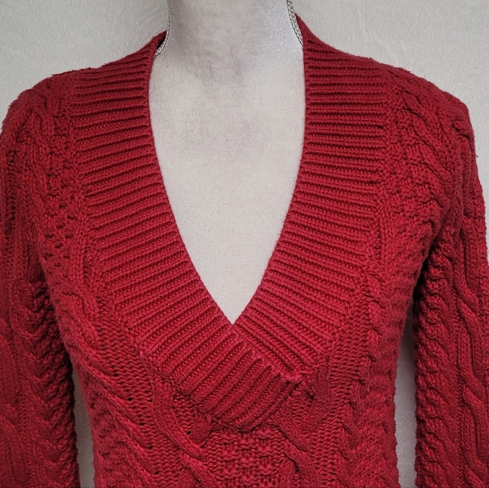 Moda International Vintage 90s Solid Dark Red Ribbed Cable Knit V-neck Sweater S - Picture 3 of 10